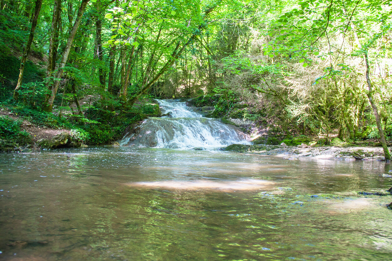 Paysage naturel de Figeac avec une cascade entourée de verdure, mettant en avant le cadre idéal pour un investissement locatif Figeac